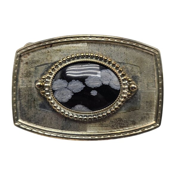 Silver-Tone Belt Buckle With Oval Snowflake Obsidian Gemstone Bead Inlay Vintage - Picture 1 of 6